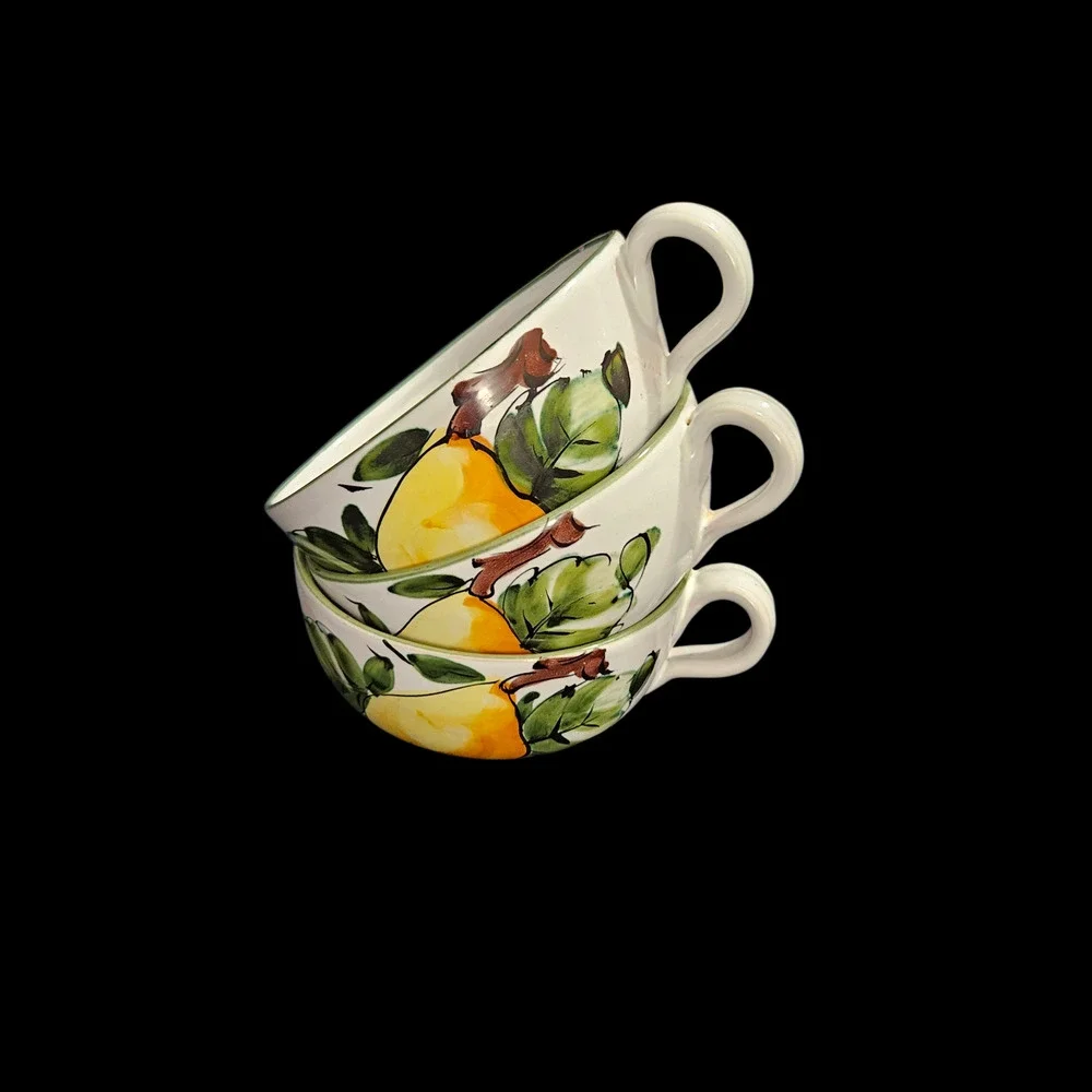 Vintage Hand Painted Italian Pear Pattern Coffee Cups Set of 3